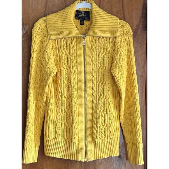 Ralph Lauren Sweaters - Women's Ralph Lauren Black Label Full-Zip Cotton Cable Knit Sweater XL Mustard